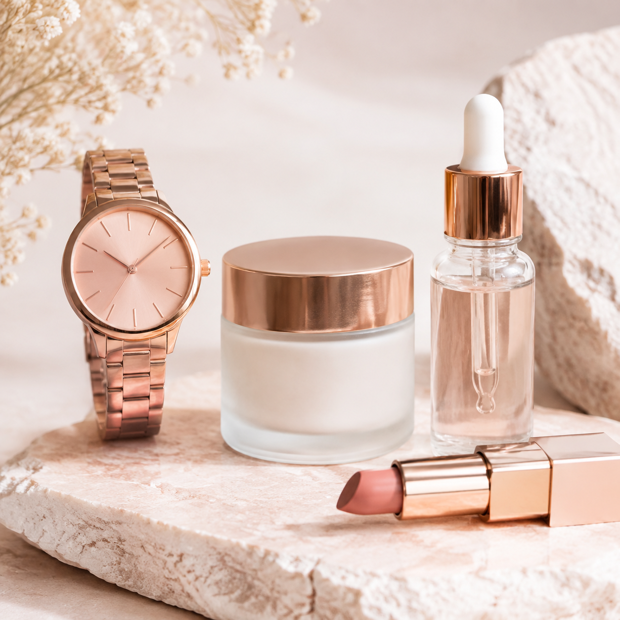 Reloj rosa dorado, cuidado facial y labial