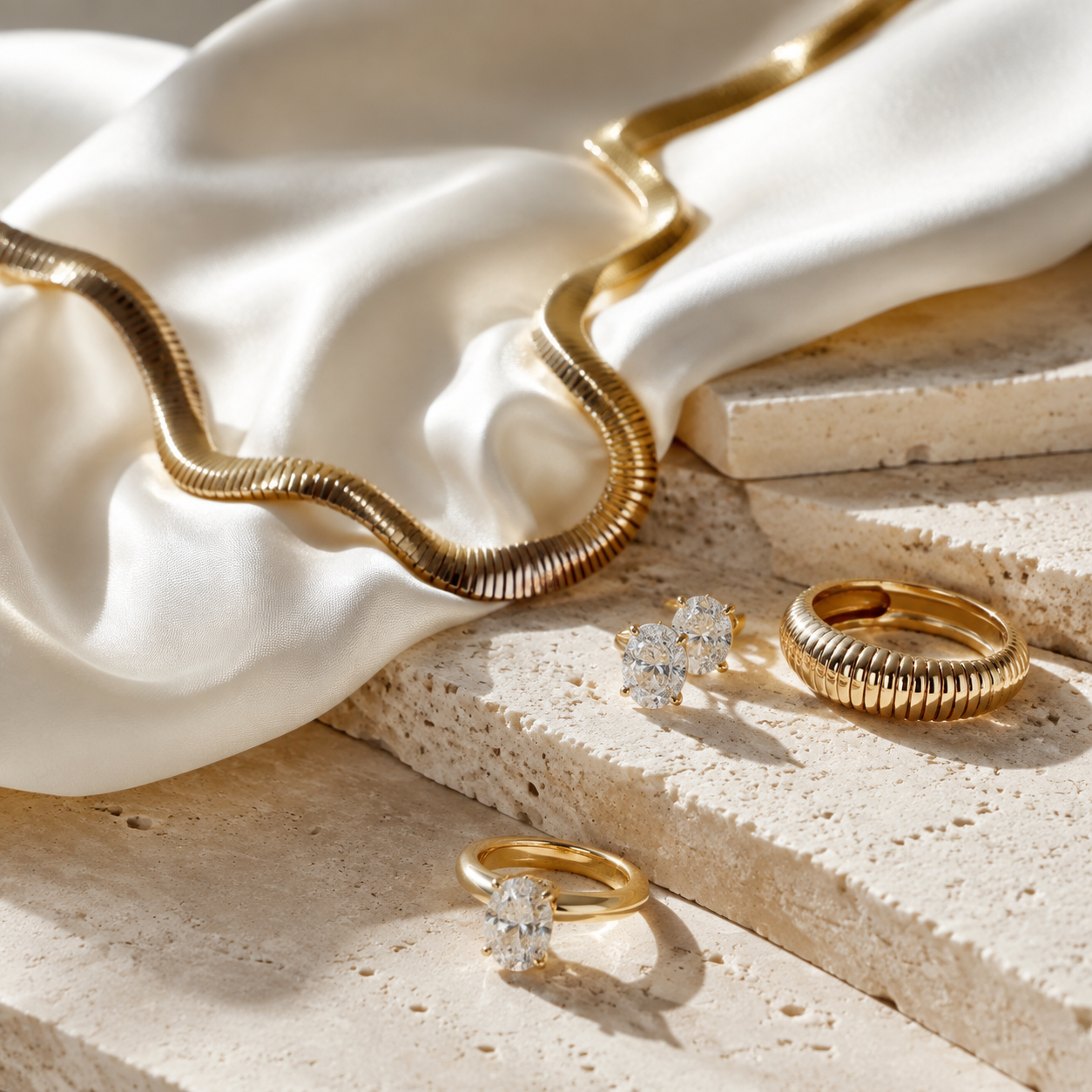 Collar dorado, aretes con brillo y anillos