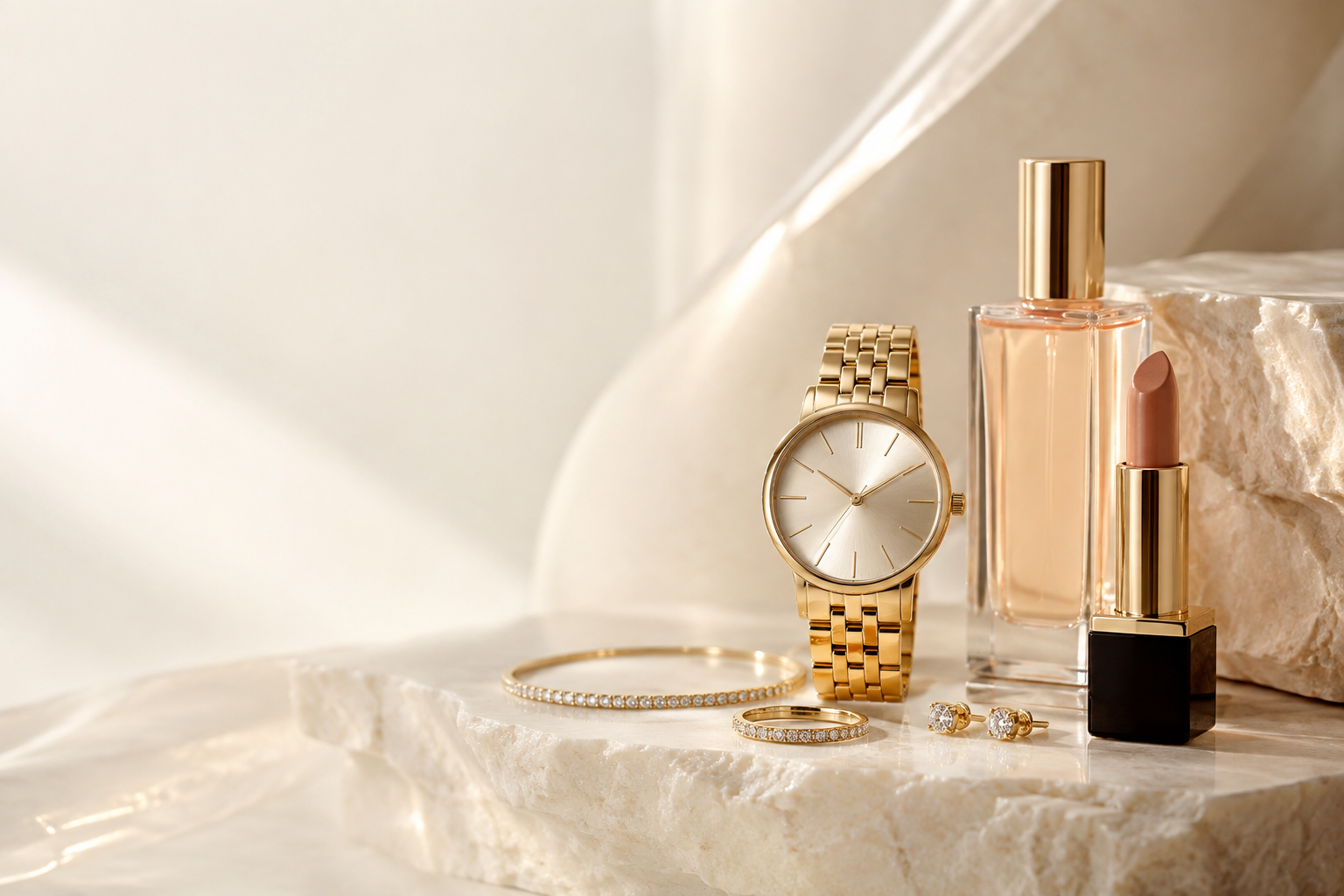 Reloj dorado, joyería y productos de belleza sobre piedra color marfil